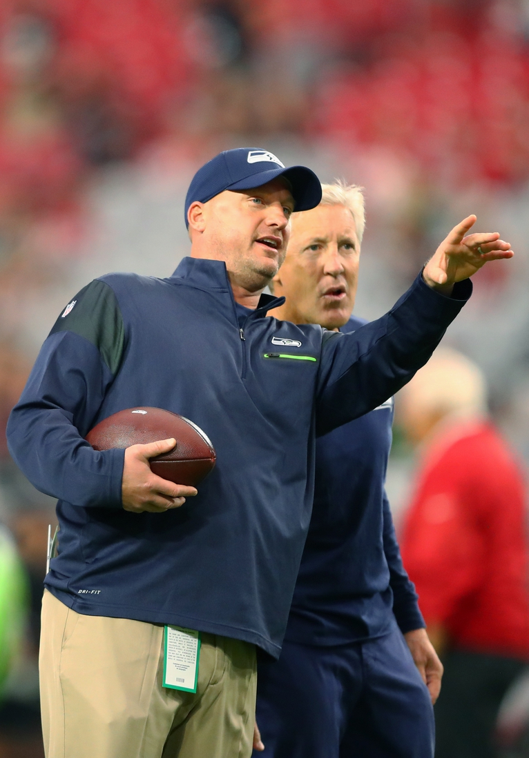 Oct 23, 2016; Glendale, AZ, USA; Seattle Seahawks special teams coordinator Brian Schneider (left) and head coach Pete Carroll against the Arizona Cardinals at University of Phoenix Stadium. The game ended in a 6-6 tie after overtime. Mandatory Credit: Mark J. Rebilas-USA TODAY Sports
