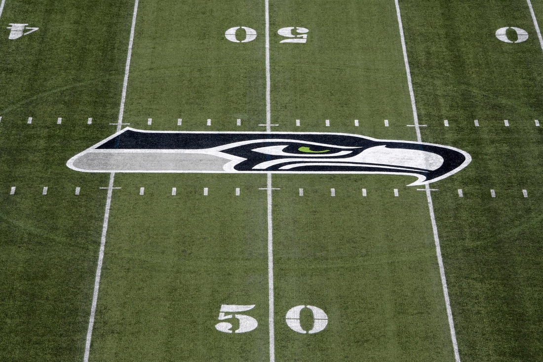 Aug 25, 2017; Seattle, WA, USA; General overall view of Seattle Seahawks logo at CenturyLink Field during a NFL football game against the Kansas City Chiefs. Mandatory Credit: Kirby Lee-USA TODAY Sports
