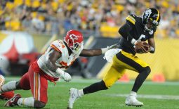 Aug 17, 2019; Pittsburgh, PA, USA; Pittsburgh Steelers quarterback Joshua Dobbs (5) runs from Kansas City Chiefs defensive tackle Justin Hamilton (74) during the third quarter at Heinz Field. Mandatory Credit: Philip G. Pavely-USA TODAY Sports