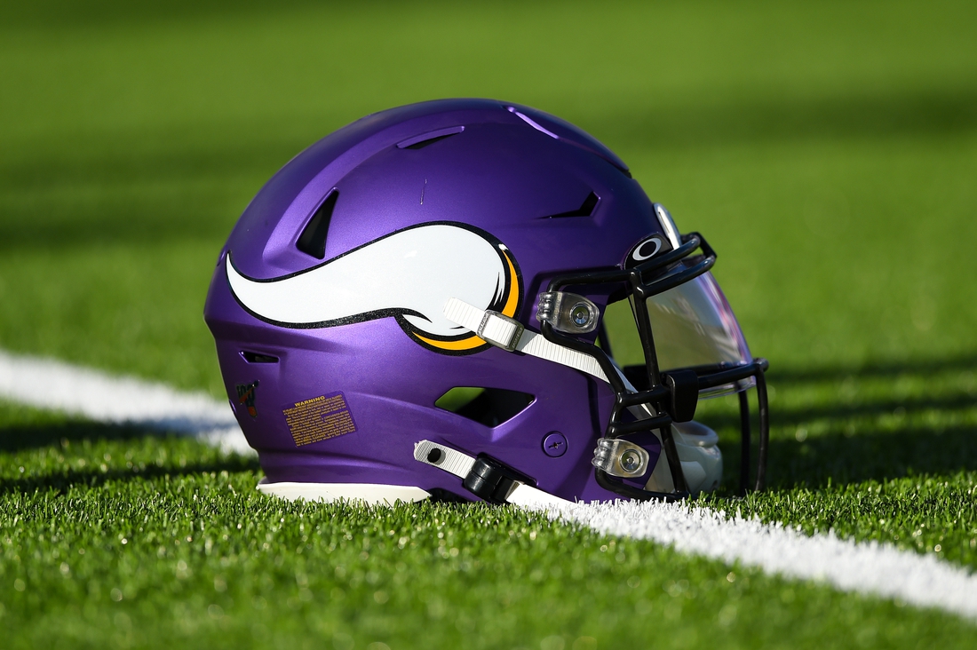 Aug 29, 2019; Orchard Park, NY, USA; General view of a Minnesota Vikings helmet prior to the game against the Buffalo Bills at New Era Field. Mandatory Credit: Rich Barnes-USA TODAY Sports