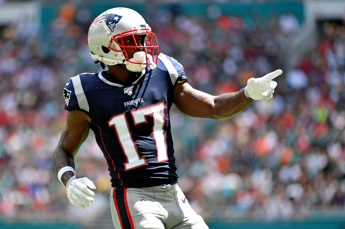 Sep 15, 2019; Miami Gardens, FL, USA; New England Patriots wide receiver Antonio Brown (17) lines up during the first half against the Miami Dolphins at Hard Rock Stadium. Mandatory Credit: Jasen Vinlove-USA TODAY Sports