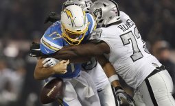 Nov 7, 2019; Oakland, CA, USA; Oakland Raiders defensive tackle Maurice Hurst (73) forces a fumble by Los Angeles Chargers quarterback Philip Rivers (17) in the second half  at Oakland-Alameda County Coliseum.The Raiders defeated the   Chargers 26-24.  Mandatory Credit: Kirby Lee-USA TODAY Sports