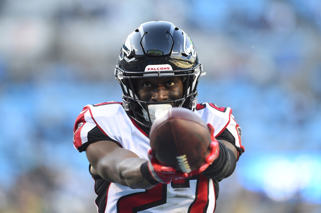 Nov 17, 2019; Charlotte, NC, USA; Atlanta Falcons strong safety Damontae Kazee (27) reacts after an interception in the fourth quarter at Bank of America Stadium. Mandatory Credit: Bob Donnan-USA TODAY Sports