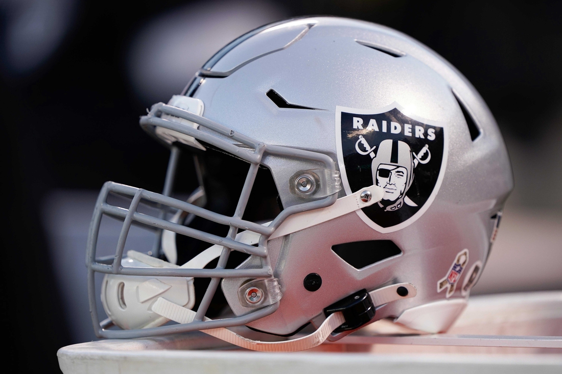Nov 17, 2019; Oakland, CA, USA; General view of the Oakland Raiders helmet in the game against the Cincinnati Bengals during the fourth quarter at the Oakland Coliseum. Mandatory Credit: Stan Szeto-USA TODAY Sports