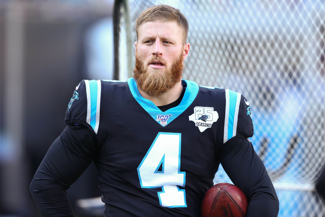 Dec 1, 2019; Charlotte, NC, USA; Carolina Panthers kicker Joey Slye (4) stands on the sidelines during the game against the Washington Redskins at Bank of America Stadium. Mandatory Credit: Jeremy Brevard-USA TODAY Sports