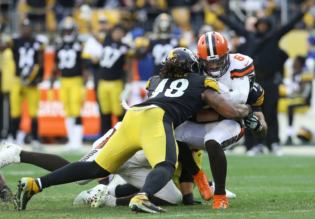 Dec 1, 2019; Pittsburgh, PA, USA;  Pittsburgh Steelers outside linebacker Bud Dupree (48) sacks Cleveland Browns quarterback Baker Mayfield (6) during the fourth quarter at Heinz Field. The Steelers won 20-13. Mandatory Credit: Charles LeClaire-USA TODAY Sports