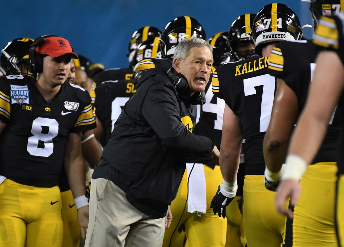 Dec 27, 2019; San Diego, California, USA; Iowa Hawkeyes coach Kirk Ferentz reacts with his players in the second quarter against the Southern California Trojans during the Holiday Bowl at SDCCU Stadium. Mandatory Credit: Kirby Lee-USA TODAY Sports