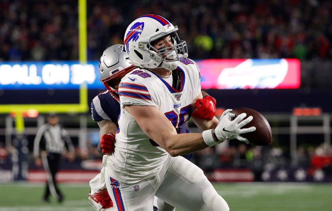 Dec 21, 2019; Foxborough, Massachusetts, USA; Buffalo Bills tight end Dawson Knox (88) catches a pass against the New England Patriots during the second quarter at Gillette Stadium. Mandatory Credit: Winslow Townson-USA TODAY Sports