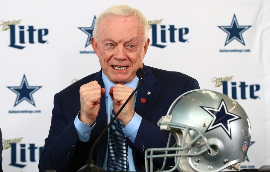Jan 8, 2020; Frisco, Texas, USA; Dallas Cowboys owner Jerry Jones answers questions during a press conference at Ford Center at the Star. Mandatory Credit: Matthew Emmons-USA TODAY Sports