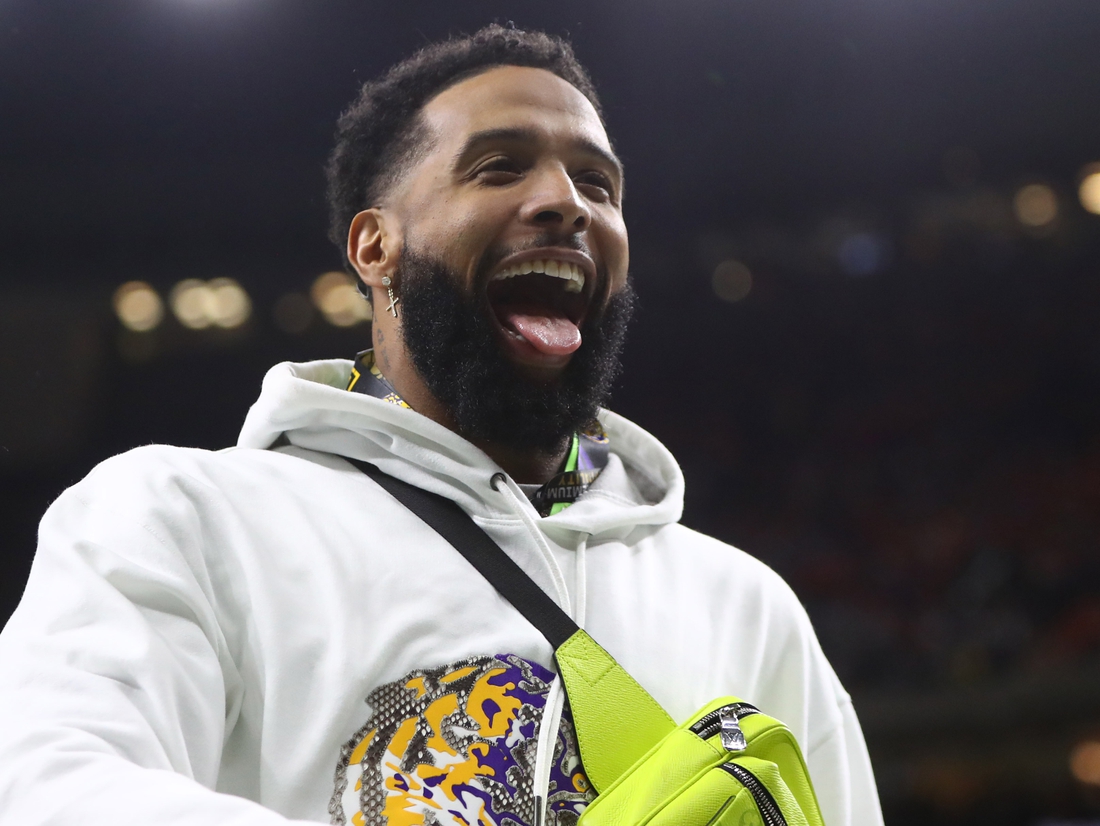 Jan 13, 2020; New Orleans, Louisiana, USA; LSU Tigers former player Odell Beckham, Jr. in attendance before the College Football Playoff national championship game against the Clemson Tigers at Mercedes-Benz Superdome. Mandatory Credit: Mark J. Rebilas-USA TODAY Sports