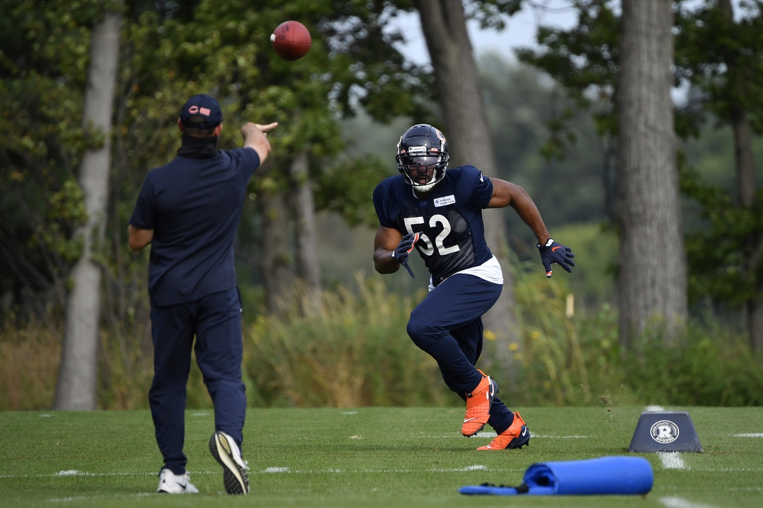 Chicago Bears linebacker Khalil Mack (52) practicing drills during training camp.  Mandatory Credit: Quinn Harris-USA TODAY Sports
