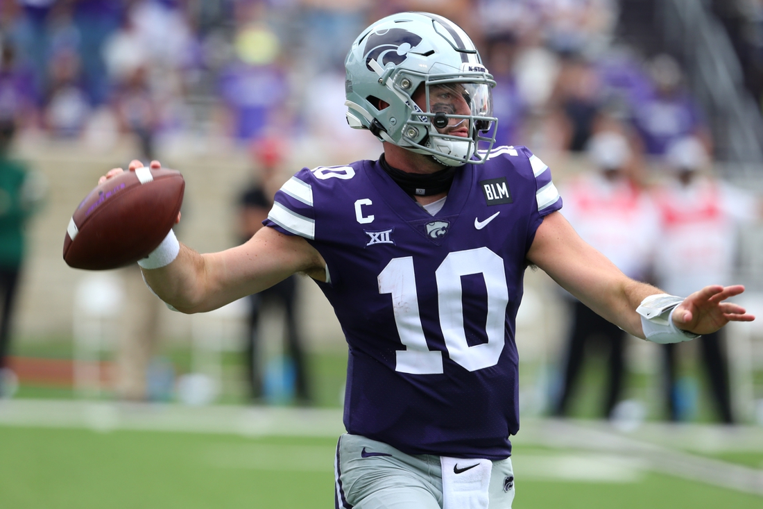 Sep 12, 2020; Manhattan, Kansas, USA; Kansas State Wildcats quarterback Skylar Thompson (10) drops back to pass during a game against the Arkansas State Red Wolves at Bill Snyder Family Football Stadium. Mandatory Credit: Scott Sewell-USA TODAY Sports