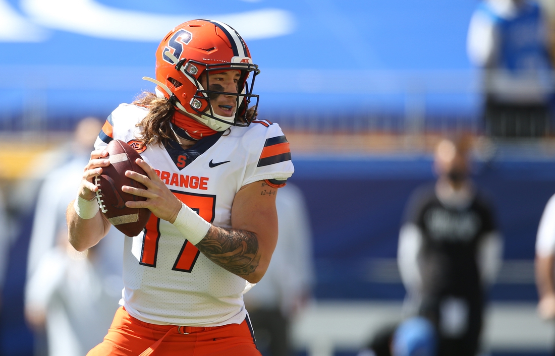 Sep 19, 2020; Pittsburgh, Pennsylvania, USA;  Syracuse Orange quarterback Rex Culpepper (17) looks to pass  against the Pittsburgh Panthers during the second quarter at Heinz Field. The Panthers won 21-10. Mandatory Credit: Charles LeClaire-USA TODAY Sports