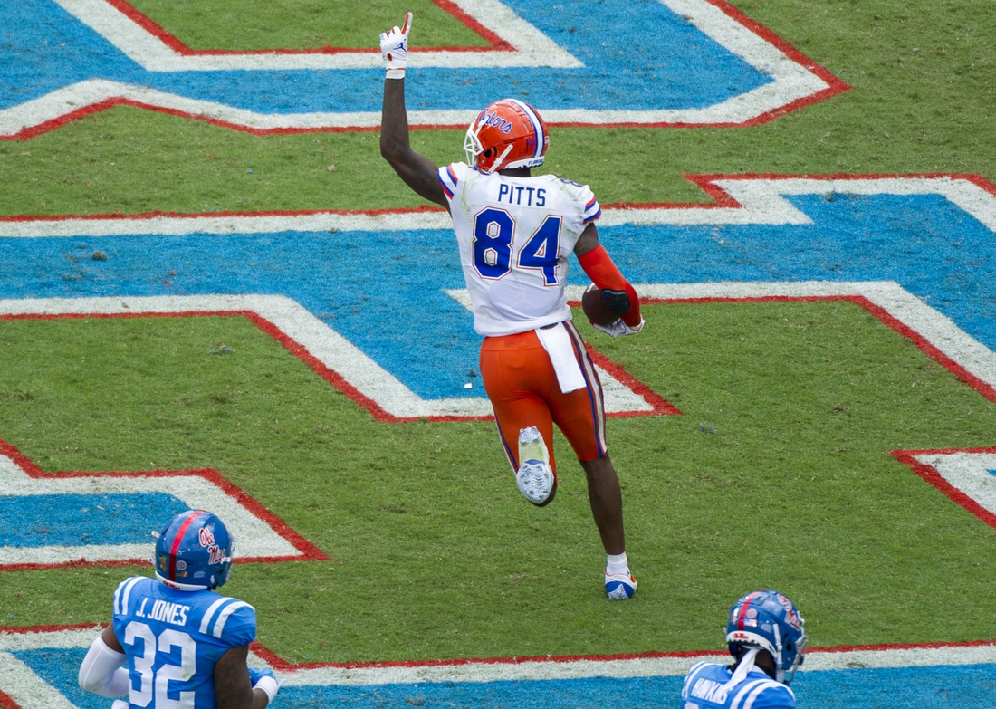 Sep 26, 2020; Oxford, Mississippi, USA; Florida Gators tight end Kyle Pitts (84) celebrates after scoring a touchdown against the Mississippi Rebels during the second half  at Vaught-Hemingway Stadium. Mandatory Credit: Justin Ford-USA TODAY Sports