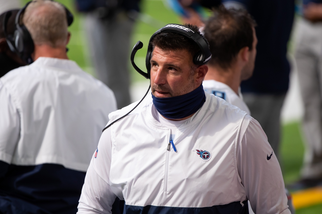 Sep 27, 2020; Minneapolis, Minnesota, USA; Tennessee Titans head coach Mike Vrabel in the first quarter against the Minnesota Vikings at U.S. Bank Stadium. Mandatory Credit: Brad Rempel-USA TODAY Sports