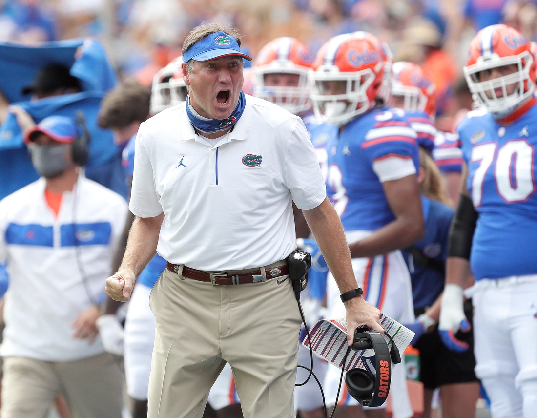 Oct 3, 2020; Gainesville, FL, USA; Florida Gators head coach Dan Mullen reacts during a game against South Carolina at Ben Hill Griffin Stadium, in Gainesville, Fla. Oct. 3, 2020. Mandatory Credit: Brad McClenny-USA TODAY NETWORK