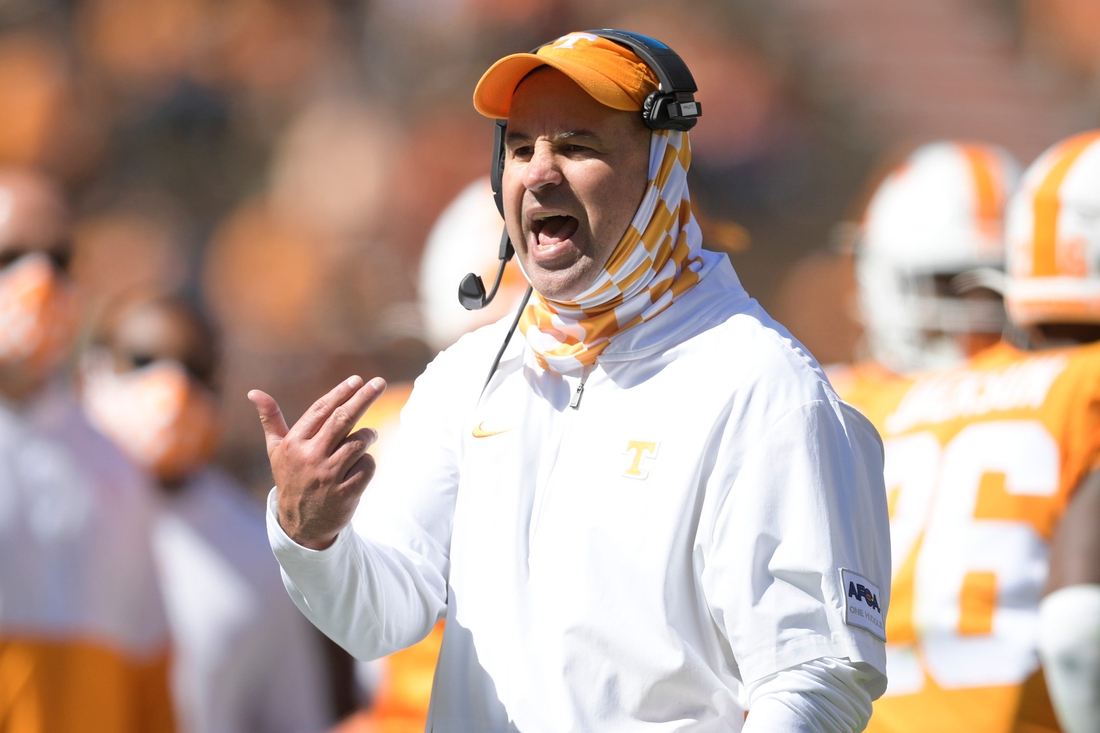 Oct 3, 2020; Knoxville, TN, USA;   Tennessee head coach Jeremy Pruitt is seen during the third quarter of a game between Tennessee and Missouri at Neyland Stadium in Knoxville, Tenn., Saturday, Oct. 3, 2020. Mandatory Credit:  Calvin Mattheis-USA TODAY NETWORK