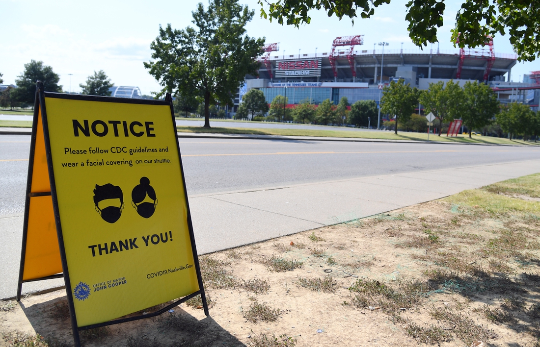 Oct 4, 2020; Nashville, Tennessee, USA;  A COVID mask sign is seen in the parking lot of Nissan Stadium on the originally scheduled day of the the Tennessee Titans game against the Pittsburgh Steelers. The game was rescheduled for October 25 at Nissan Stadium. Mandatory Credit: Christopher Hanewinckel-USA TODAY Sports