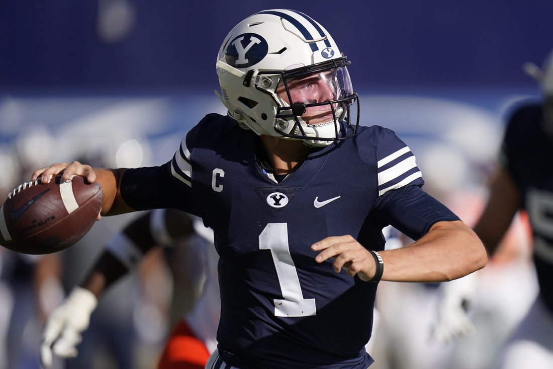 Oct 10, 2020; Provo, UT, USA; BYU quarterback Zach Wilson (1) throws downfield against UTSA in the second half during an NCAA college football game Saturday, Oct. 10, 2020, in Provo, Utah.   Mandatory Credit: Rick Bowmer/Pool Photo-USA TODAY Sports