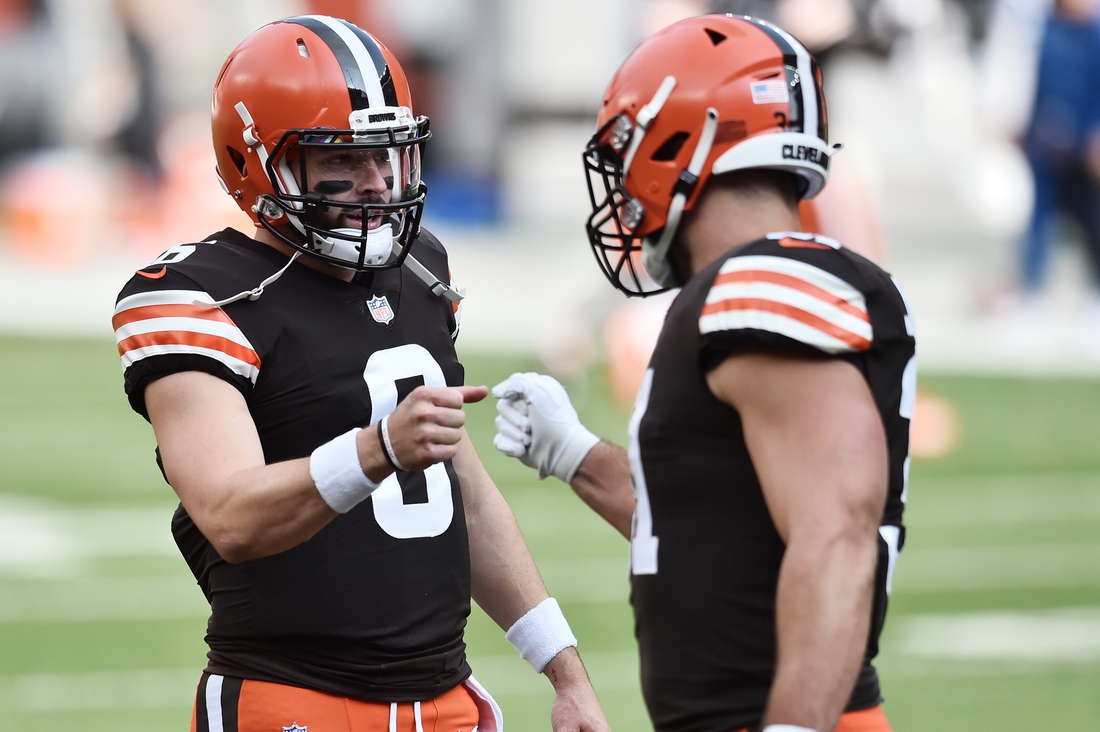 Oct 11, 2020; Cleveland, Ohio, USA; Cleveland Browns quarterback Baker Mayfield (6) fist bumps running back Andy Janovich (31) before the game between the Cleveland Browns and the Indianapolis Colts at FirstEnergy Stadium. Mandatory Credit: Ken Blaze-USA TODAY Sports