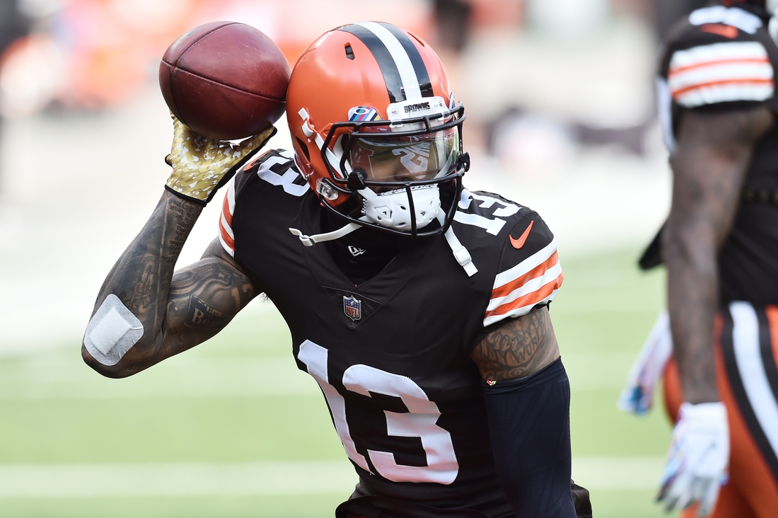 Oct 11, 2020; Cleveland, Ohio, USA; Cleveland Browns wide receiver Odell Beckham Jr. (13) warms up before the game between the Cleveland Browns and the Indianapolis Colts  at FirstEnergy Stadium. Mandatory Credit: Ken Blaze-USA TODAY Sports