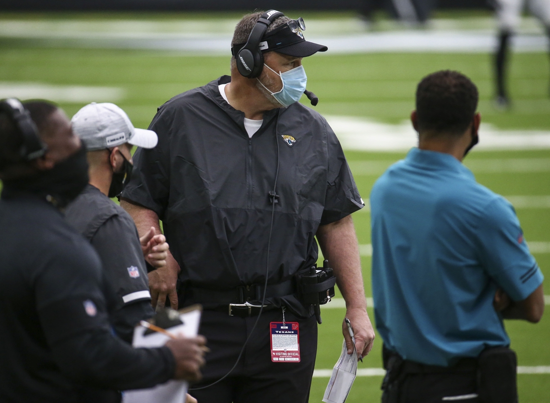 Oct 11, 2020; Houston, Texas, USA; Jacksonville Jaguars head coach Doug Marrone looks on from the sideline during the first half against the Houston Texans at NRG Stadium. Mandatory Credit: Troy Taormina-USA TODAY Sports