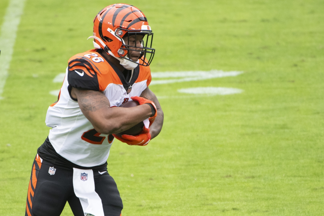Oct 11, 2020; Baltimore, Maryland, USA; Cincinnati Bengals running back Joe Mixon (28) rushes during the game against the Baltimore Ravens  at M&T Bank Stadium. Mandatory Credit: Tommy Gilligan-USA TODAY Sports
