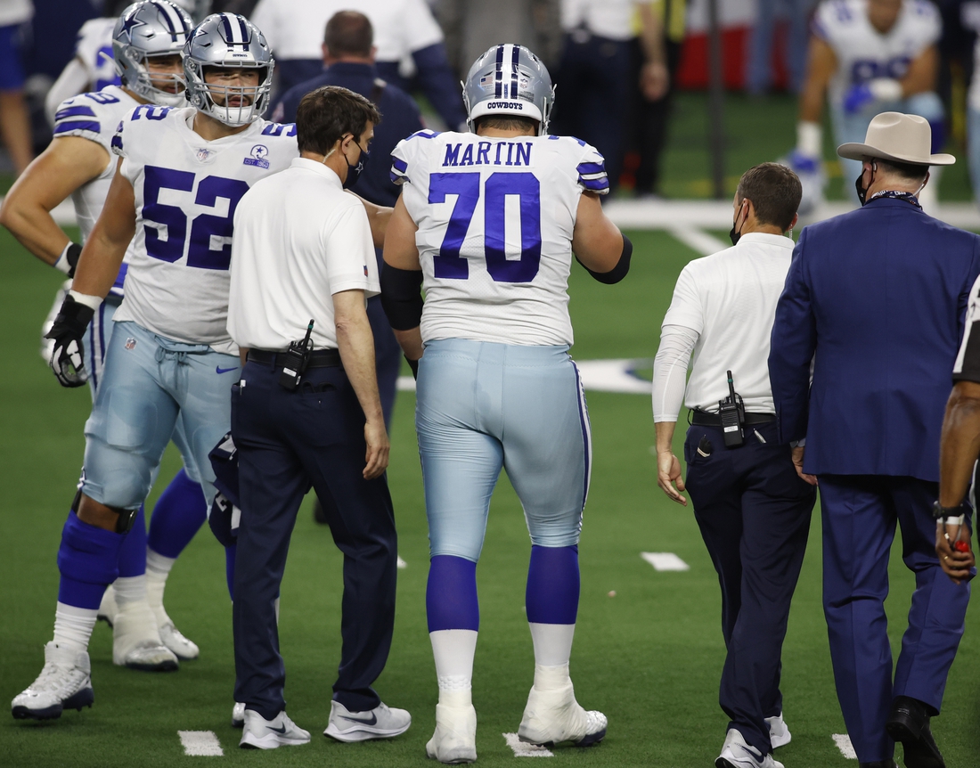 Oct 19, 2020; Arlington, Texas, USA;  Dallas Cowboys offensive guard Zack Martin (70) leaves the field in the first quarter against the Arizona Cardinals at AT&T Stadium. Mandatory Credit: Tim Heitman-USA TODAY Sports