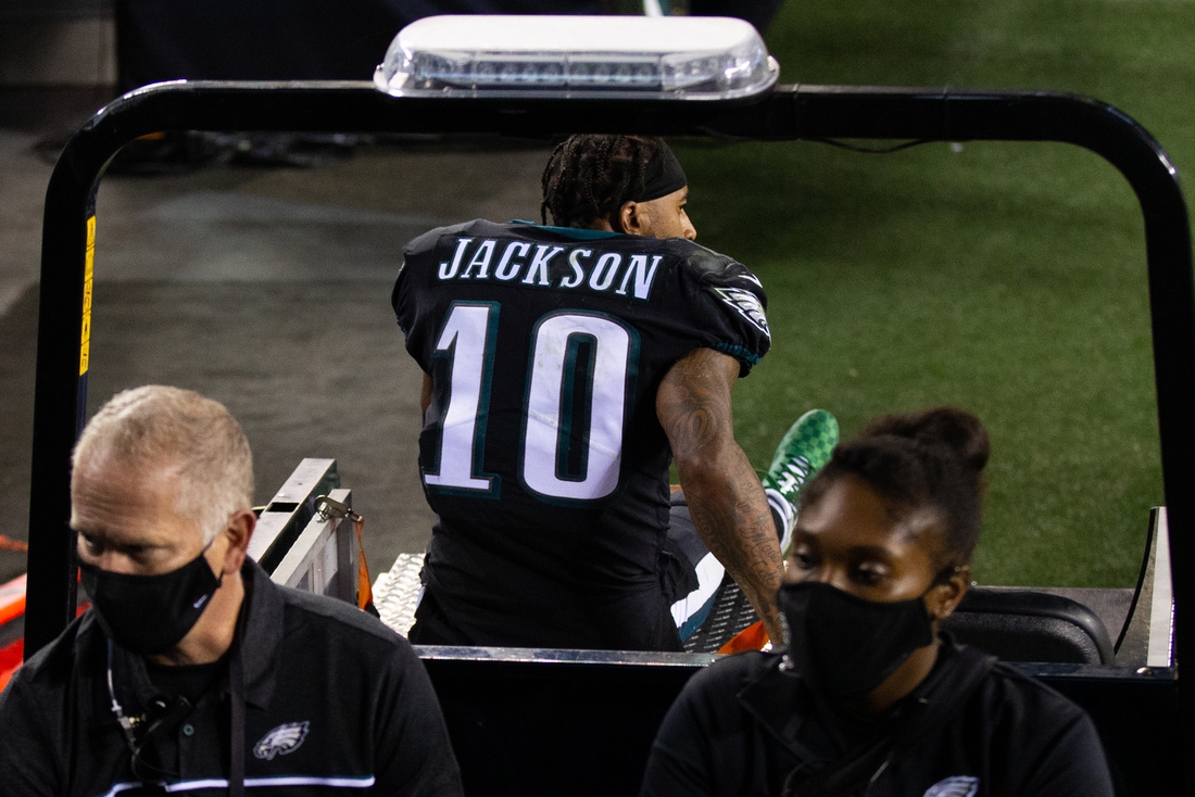 Oct 22, 2020; Philadelphia, Pennsylvania, USA; Philadelphia Eagles wide receiver DeSean Jackson (10) is carted off the field after being injured during the fourth quarter against the New York Giants at Lincoln Financial Field. Mandatory Credit: Bill Streicher-USA TODAY Sports