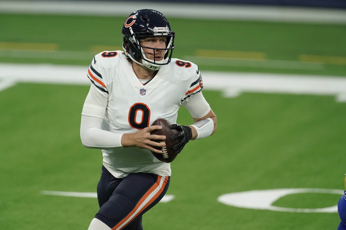 Oct 26, 2020; Inglewood, California, USA;  Chicago Bears quarterback Nick Foles (9) drops back to pass against the Los Angeles Rams in the first quarter at SoFi Stadium. Mandatory Credit: Kirby Lee-USA TODAY Sports