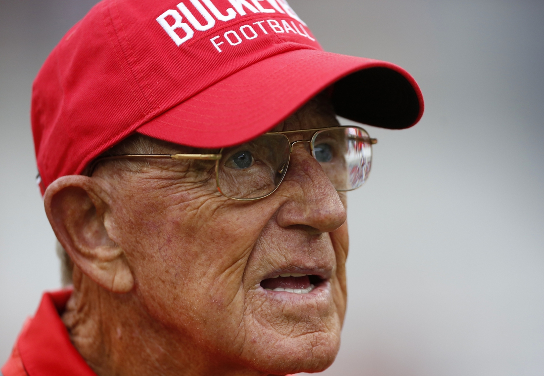 Apr 15, 2017; Columbus, OH, USA; Former Ohio State Buckeyes assistant coach Lou Holtz prior to the annual spring game at Ohio Stadium. Mandatory Credit: Joe Maiorana-USA TODAY Sports