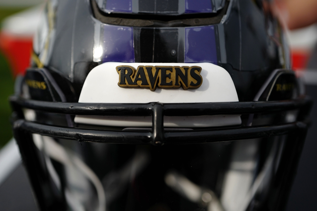 Aug 2, 2018; Canton, OH, USA; A view of the Ravens logo on a game helmet prior to the game of the Chicago Bears against the Baltimore Ravens at Tom Benson Hall of Fame Stadium. Mandatory Credit: Aaron Doster-USA TODAY Sports