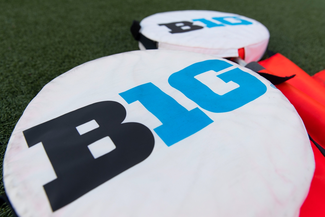 Aug 31, 2018; Madison, WI, USA; Big Ten logo on yardage markers during warmups prior to the game betwee the Western Kentucky Hilltoppers and Wisconsin Badgers at Camp Randall Stadium. Mandatory Credit: Jeff Hanisch-USA TODAY Sports