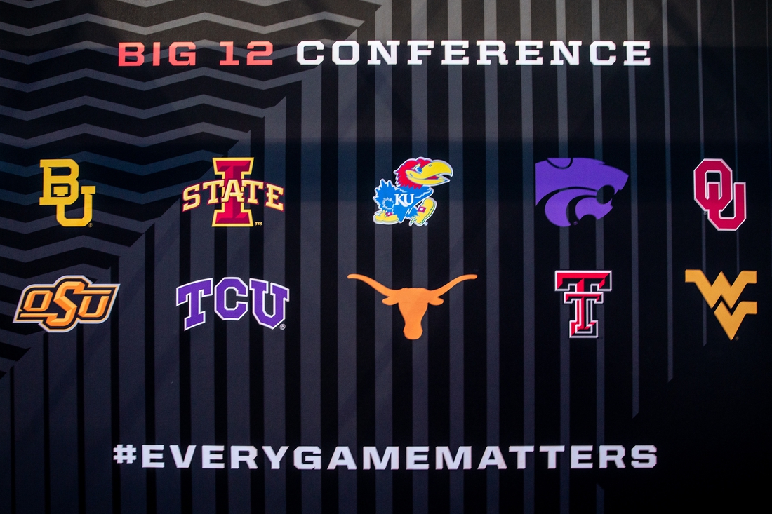 Oct 23, 2019; Kansas City, KS, USA; Team logos on display at the entrance to the interview floor during the Big 12 basketball media day at Sprint Center. Mandatory Credit: William Purnell-USA TODAY Sports