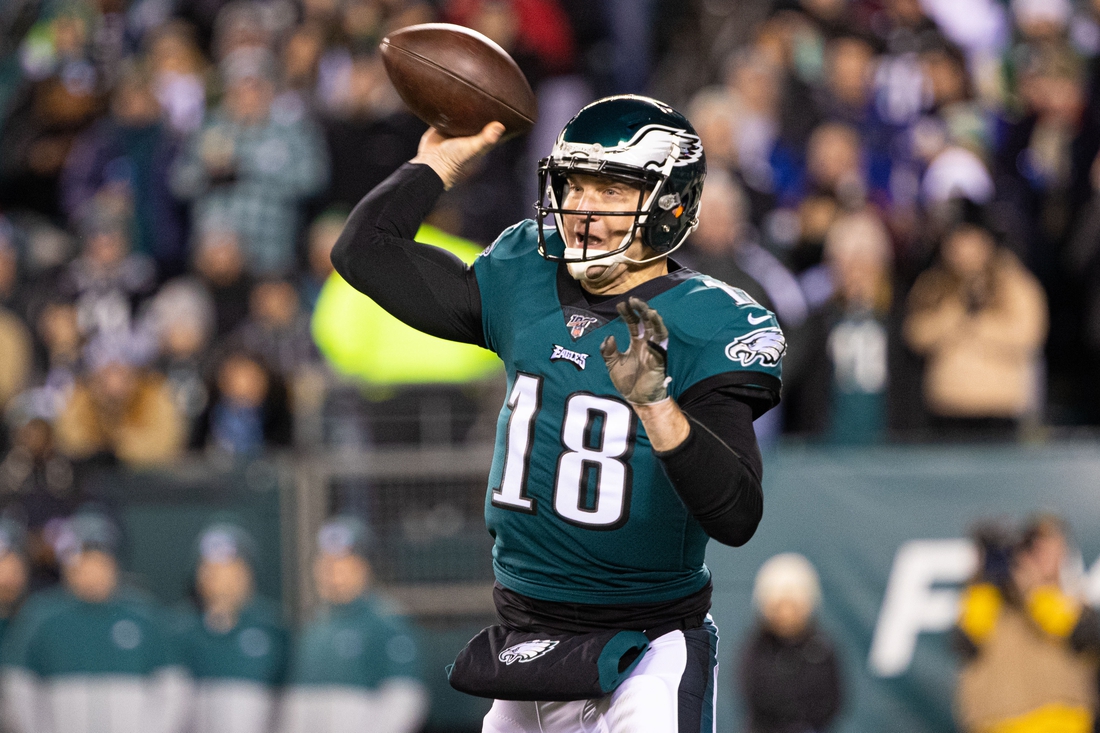 Jan 5, 2020; Philadelphia, Pennsylvania, USA; Philadelphia Eagles quarterback Josh McCown (18) passes the ball against the Seattle Seahawks during the second quarter in a NFC Wild Card playoff football game at Lincoln Financial Field. Mandatory Credit: Bill Streicher-USA TODAY Sports