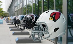 Jan 27, 2020; Miami Beach, Florida; USA; General overall view of Arizona Cardinals and Atlanta Falcons helmets at the NFL Experience at the Miami Beach Convention Center. Mandatory Credit: Kirby Lee-USA TODAY Sports