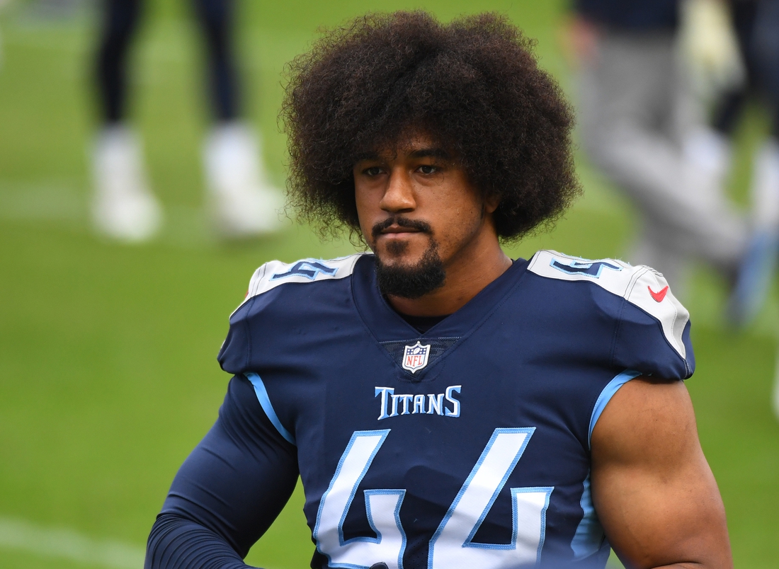 Oct 18, 2020; Nashville, Tennessee, USA; Tennessee Titans defensive end Vic Beasley (44) walks off the field after an overtime win against the Houston Texans at Nissan Stadium. Mandatory Credit: Christopher Hanewinckel-USA TODAY Sports