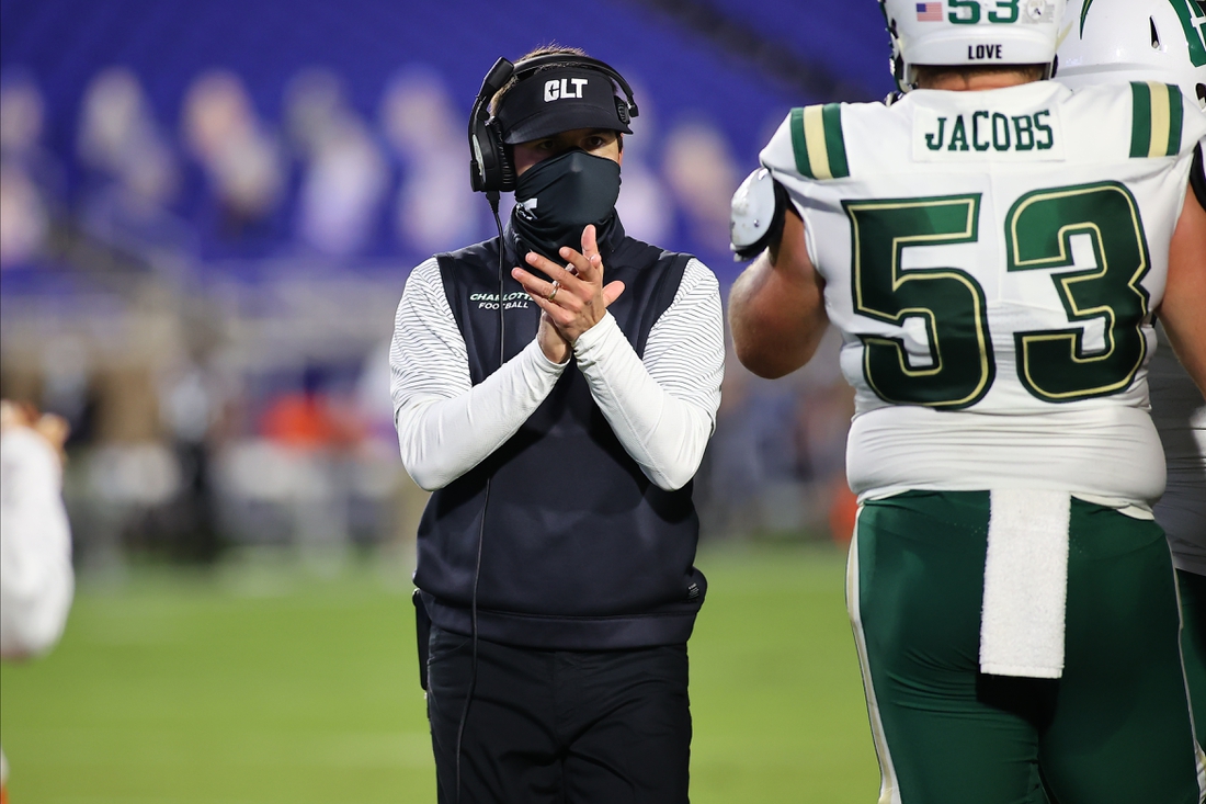Oct 31, 2020; Durham, North Carolina, USA; Charlotte 49ers head coach Will Healy during the first quarter of the game against the Charlotte 49ers at Wallace Wade Stadium. Mandatory Credit: Jaylynn Nash-USA TODAY Sports