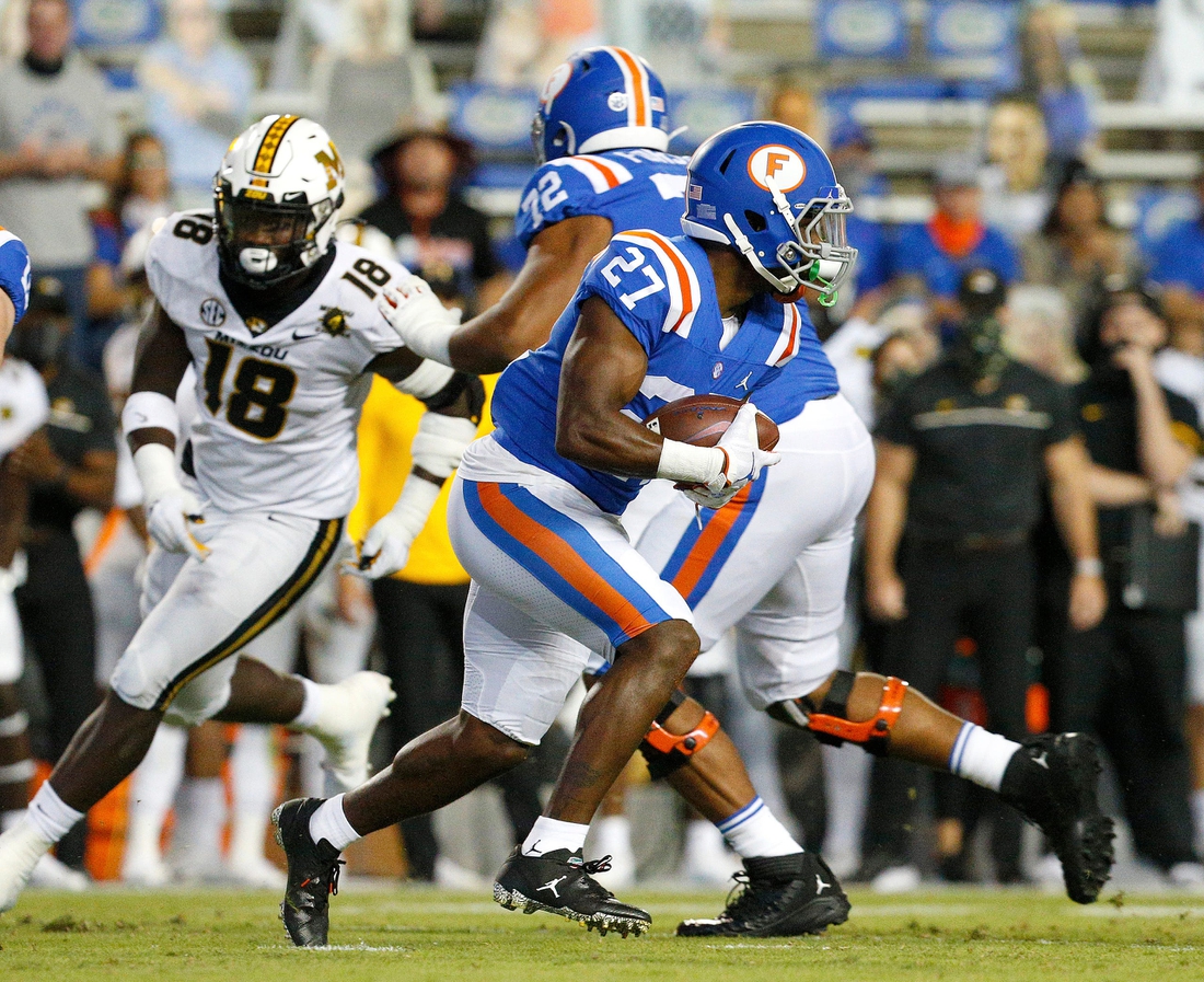 Oct 31, 2020; Gainesville, FL, USA;  Florida Gators running back Dameon Pierce (27) runs with the ball during a game against the Missouri Tigers at Ben Hill Griffin Stadium in Gainesville, Fla. Oct. 31, 2020.  Mandatory Credit: Brad McClenny-USA TODAY NETWORK