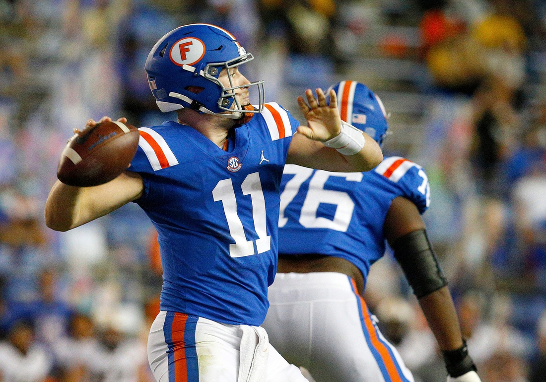 Oct 31, 2020; Gainesville, FL, USA;  Florida quarterback Kyle Trask (11) throws a pass during a game against the Missouri Tigers at Ben Hill Griffin Stadium.  Mandatory Credit: Brad McClenny-USA TODAY NETWORK