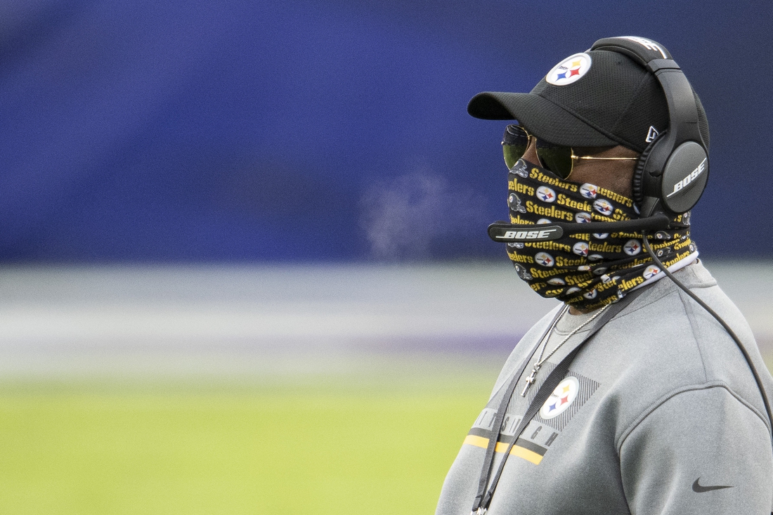 Nov 1, 2020; Baltimore, Maryland, USA;  Pittsburgh Steelers head coach Mike Tomlin looks onto the field during the first half against the Baltimore Ravens at M&T Bank Stadium. Mandatory Credit: Tommy Gilligan-USA TODAY Sports