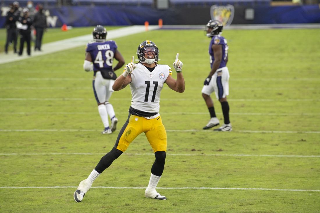 Nov 1, 2020; Baltimore, Maryland, USA;  Pittsburgh Steelers wide receiver Chase Claypool (11) reacts after catching a touchdown  during the fourth quarter against the Baltimore Ravens at M&T Bank Stadium. Mandatory Credit: Tommy Gilligan-USA TODAY Sports
