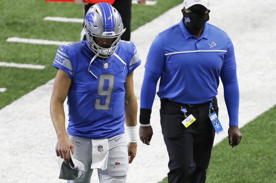 Nov 1, 2020; Detroit, Michigan, USA; Detroit Lions quarterback Matthew Stafford (9) walks off the field after a game against the Indianapolis Colts at Ford Field. Mandatory Credit: Raj Mehta-USA TODAY Sports