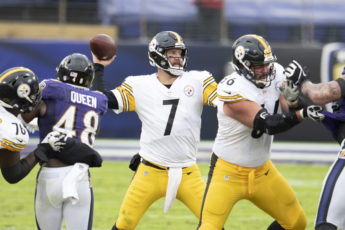 Nov 1, 2020; Baltimore, Maryland, USA;  Pittsburgh Steelers quarterback Ben Roethlisberger (7) throws under pressure during the second half against the Baltimore Ravens at M&T Bank Stadium. Mandatory Credit: Tommy Gilligan-USA TODAY Sports