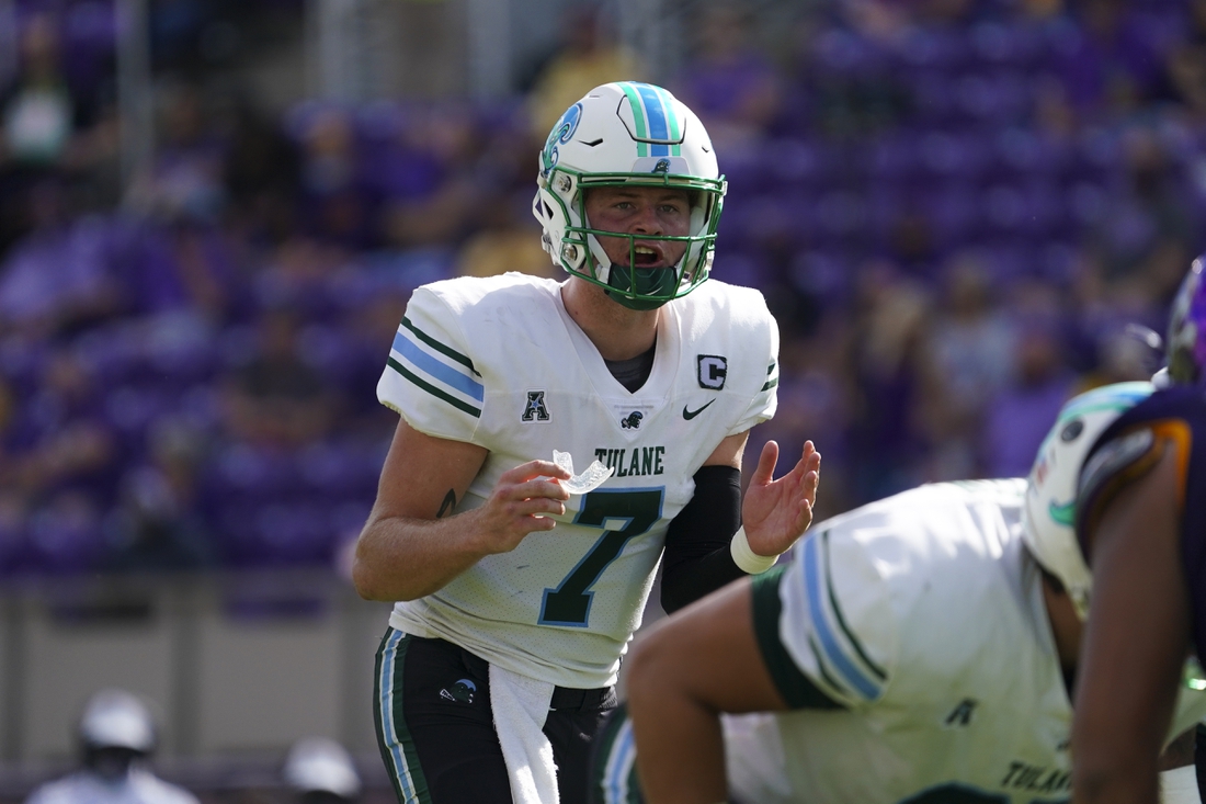 Nov 7, 2020; Greenville, North Carolina, USA;  Tulane Green Wave quarterback Michael Pratt (7) looks on before the snap of the ball against the East Carolina Pirates at Dowdy-Ficklen Stadium. Mandatory Credit: James Guillory-USA TODAY Sports