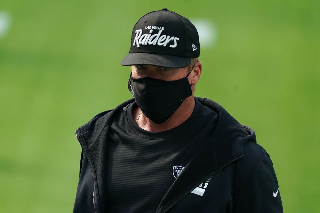 Nov 8, 2020; Inglewood, California, USA; Las Vegas Raiders coach Jon Gruden wears a face mask before the game against the Los Angeles Chargers at SoFi Stadium. Mandatory Credit: Kirby Lee-USA TODAY Sports