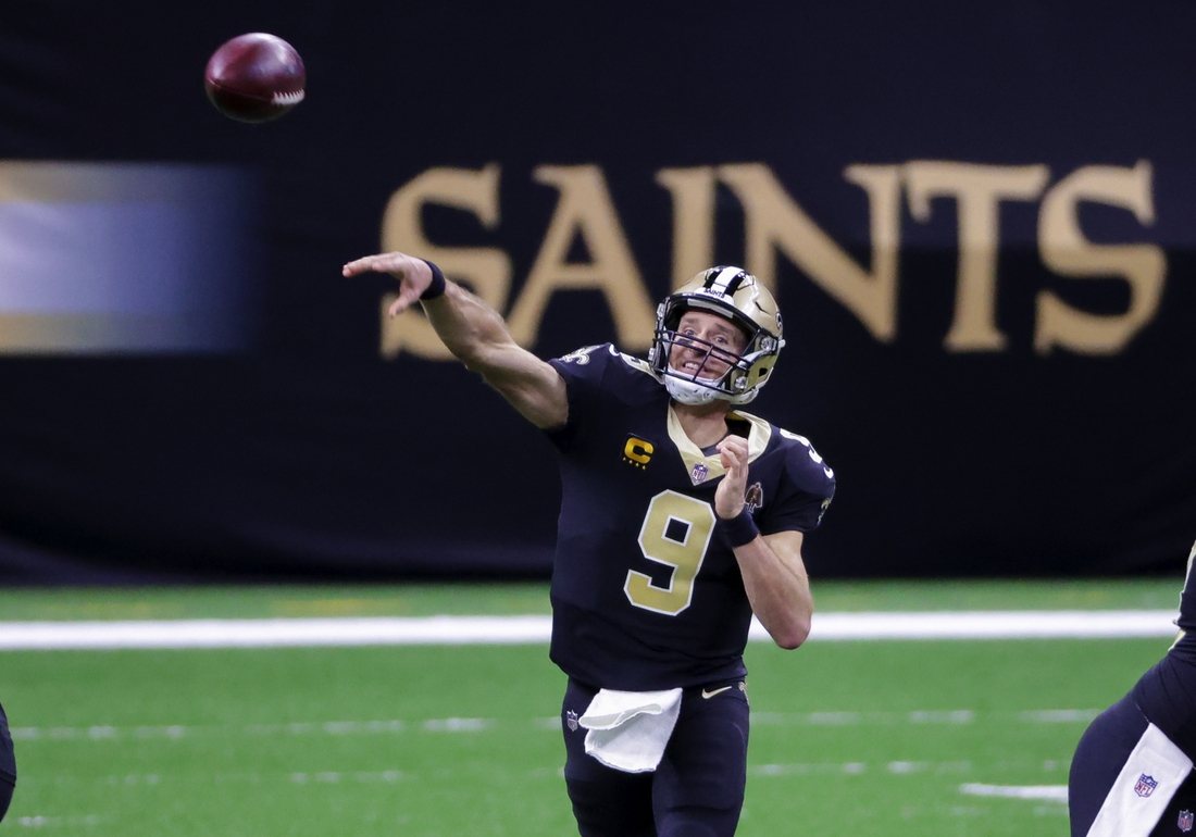 Nov 15, 2020; New Orleans, Louisiana, USA; New Orleans Saints quarterback Drew Brees (9) throws against the San Francisco 49ers during the second quarter at the Mercedes-Benz Superdome. Mandatory Credit: Derick E. Hingle-USA TODAY Sports