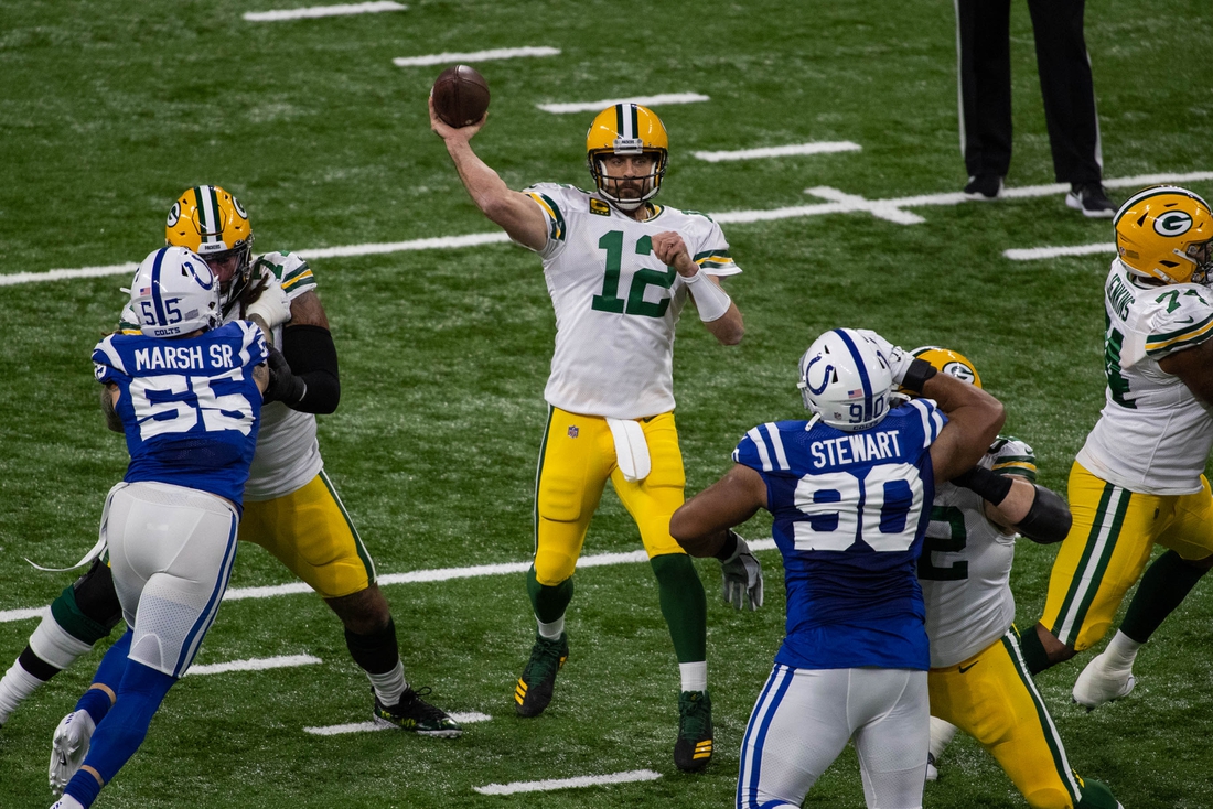 Nov 22, 2020; Indianapolis, Indiana, USA; Green Bay Packers quarterback Aaron Rodgers (12) passes the ball in the first half against the Indianapolis Colts at Lucas Oil Stadium. Mandatory Credit: Trevor Ruszkowski-USA TODAY Sports