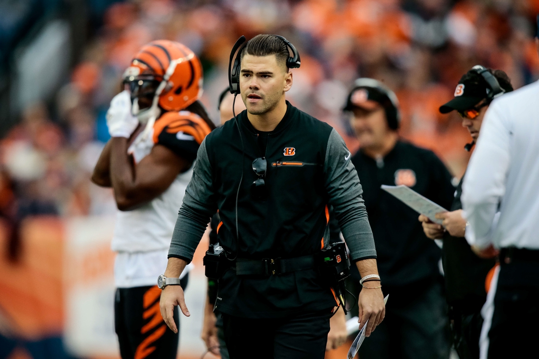 Nov 19, 2017; Denver, CO, USA; Cincinnati Bengals assistant special teams coordinator Brayden Coombs in the second quarter of the game against the Denver Broncos at Sports Authority Field at Mile High. Mandatory Credit: Isaiah J. Downing-USA TODAY Sports