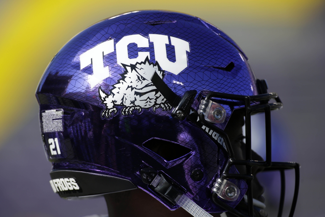 Sep 1, 2018; Fort Worth, TX, USA; A general view of the TCU Horned Frogs helmet before the game against the Southern University Jaguars at Amon G. Carter Stadium. Mandatory Credit: Tim Heitman-USA TODAY Sports